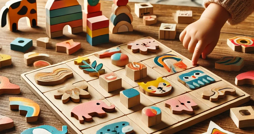 A beautifully arranged set of wooden puzzles designed for children, featuring vibrant colors and playful shapes li